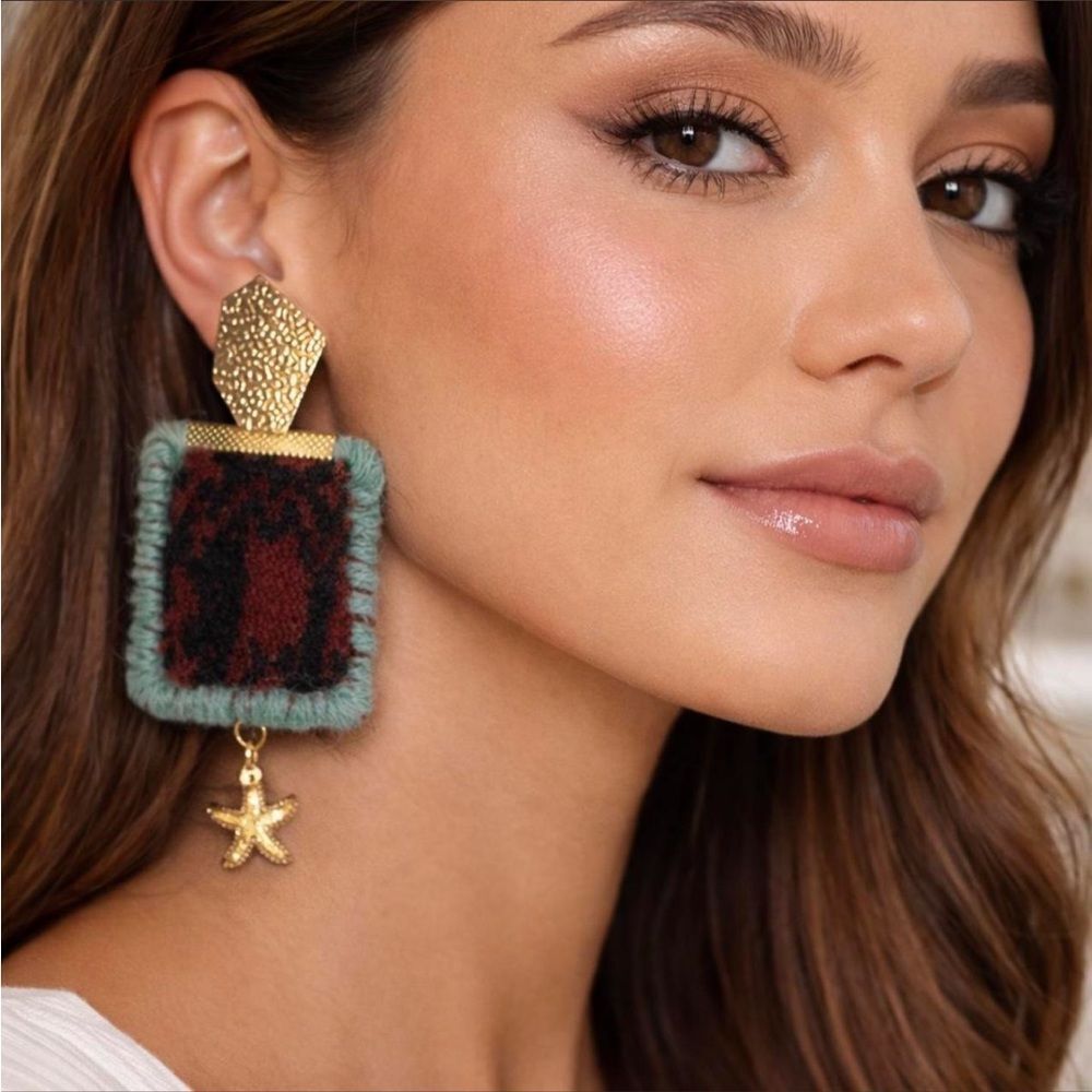 Gold and Green Statement handmade rug Earrings R8